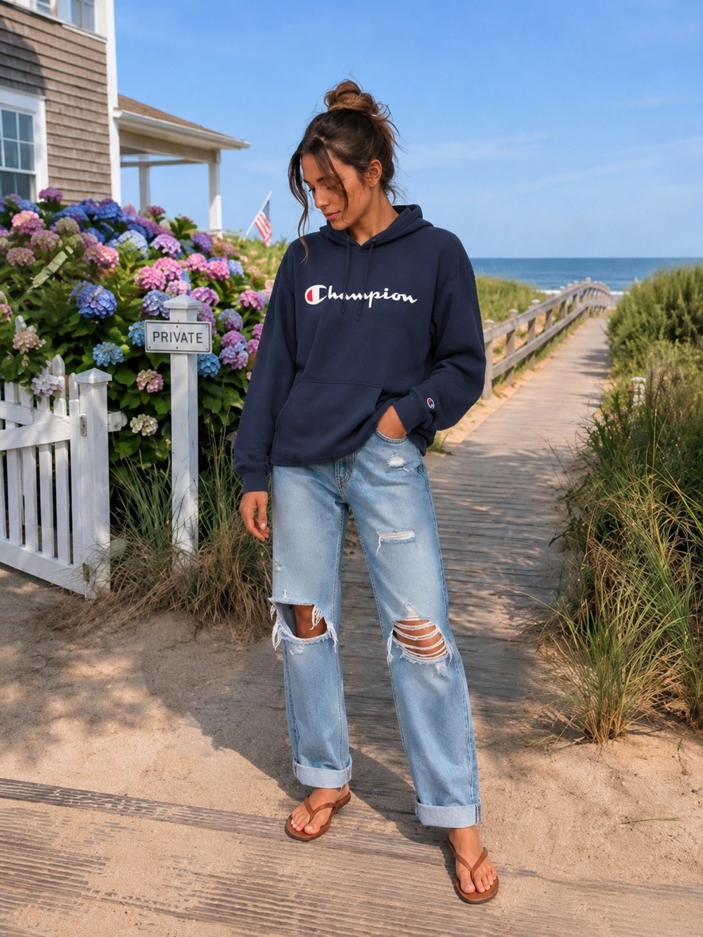 Champion Women's Navy Pullover Hoodie with White Logo